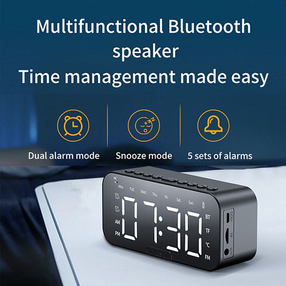 Portable Digital Alarm Clock FM Radio Wireless Bluetooth Mirror LED With Speaker