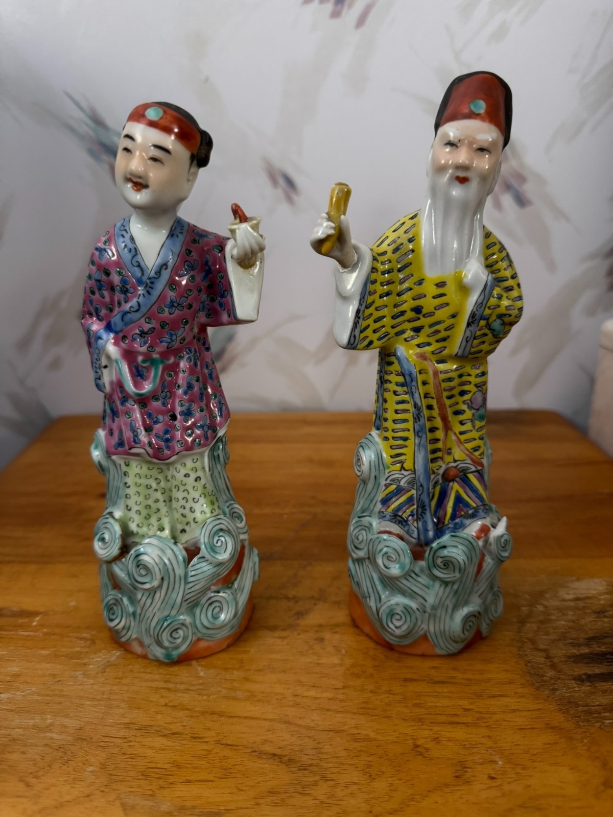 Vintage Hand-Painted Chinese Porcelain Shou Lao & Female Attendant Set China