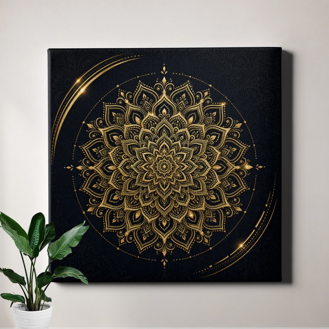 Gold Mandala on Black Wall Art Filigree Ornate Boho Decor