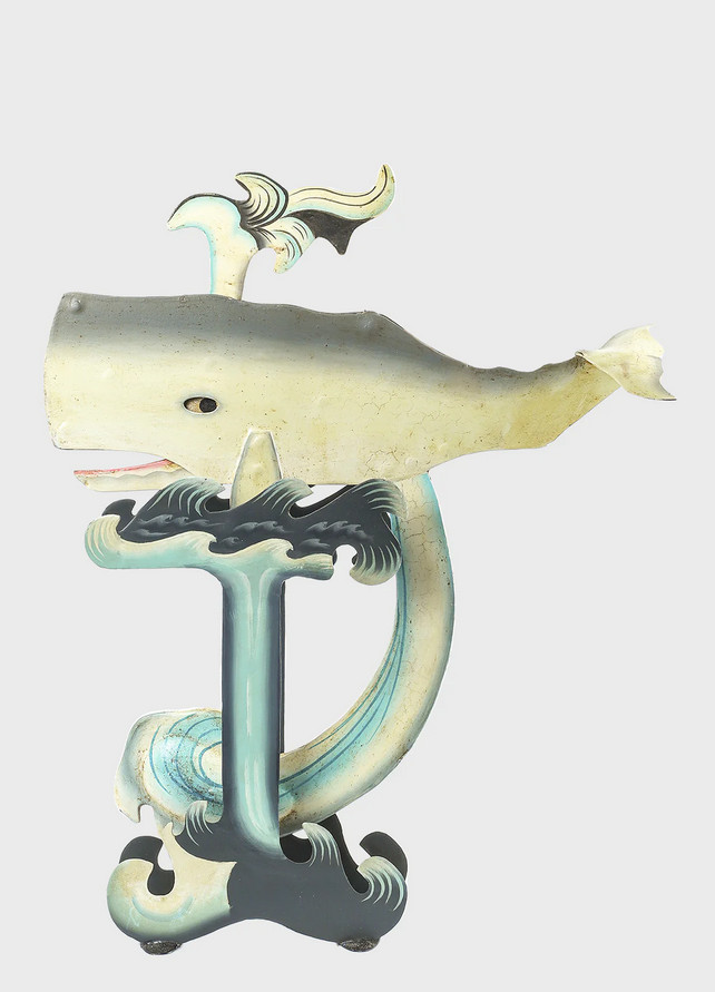 White Sperm Whale Sky Hook 19″ Nautical Teeter Totter Tin Balance Toy Folk Art