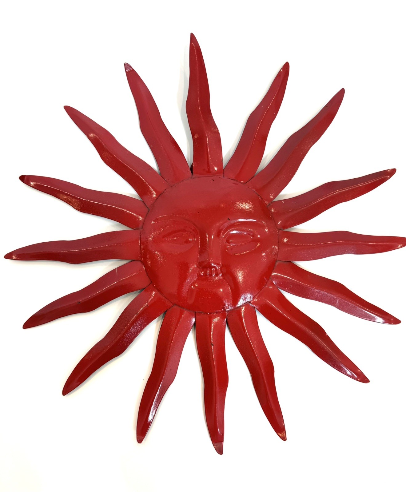 Vintage Metal 12″ Red Anthropomorphic Sun Face Wall Hanging Celestial Decor Art