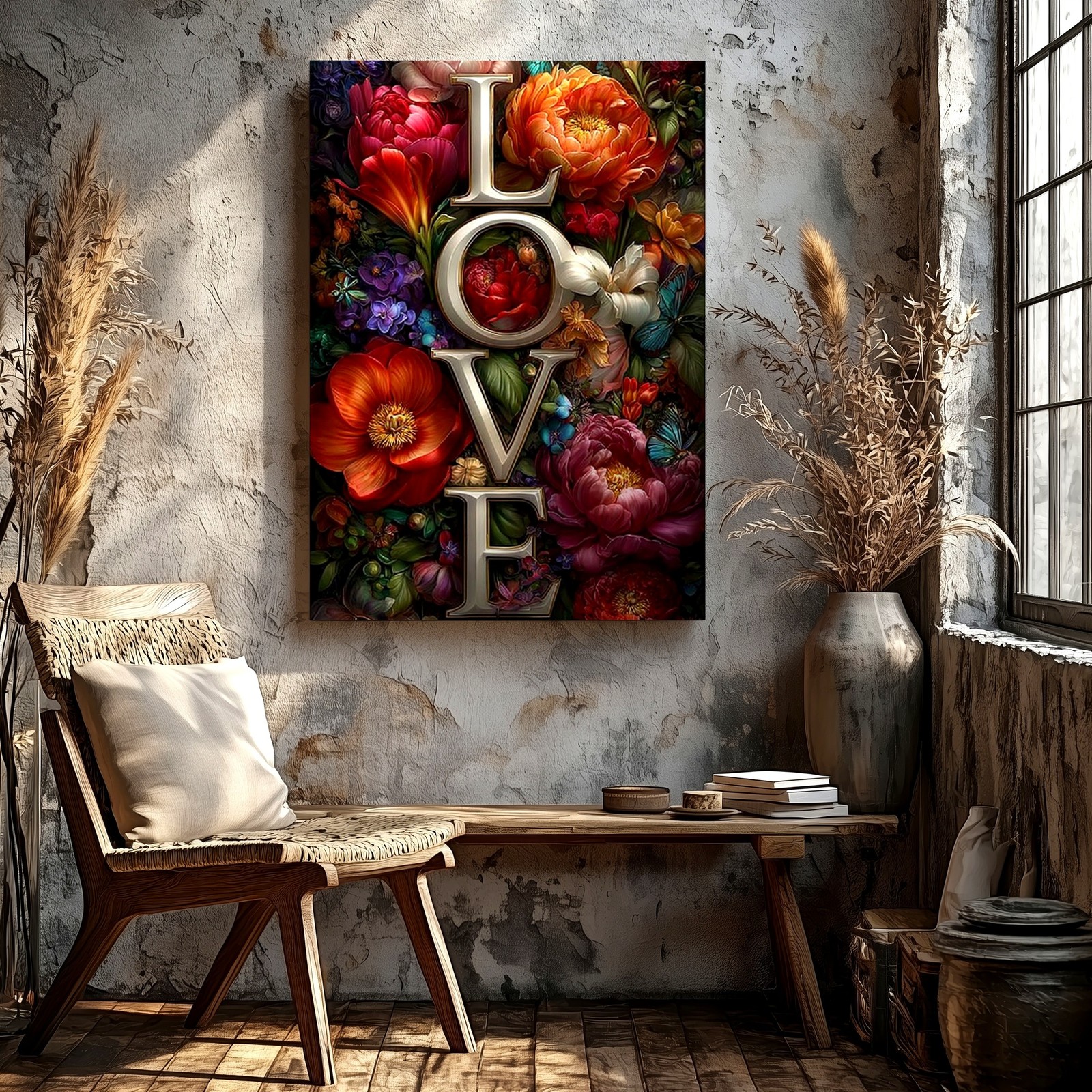 Wall Art Floral LOVE Letter Print Romantic Flower Butterfly Vertical Home Decor
