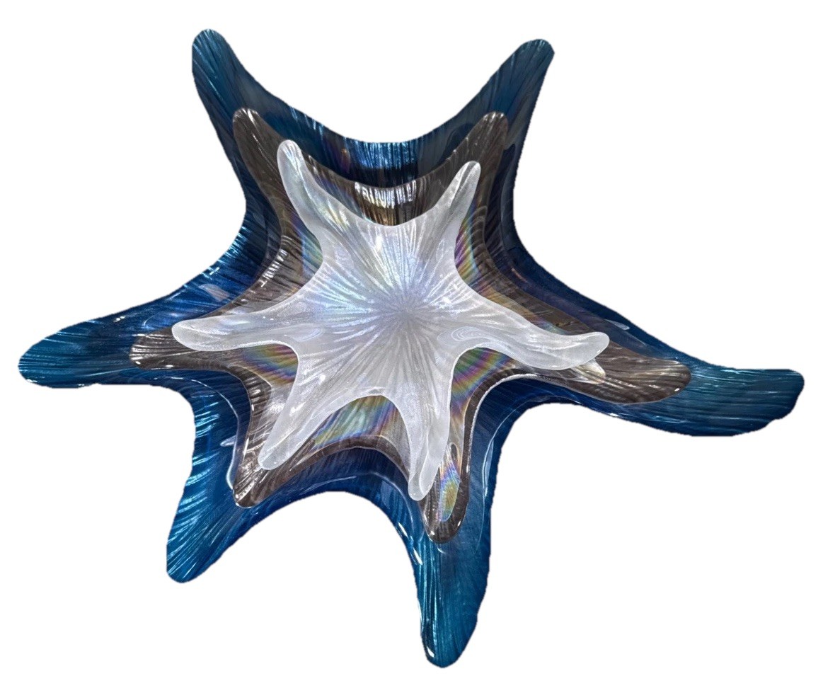 Vintage Akcam Turkish Art Glass Stacking Starburst Starfish Iridescent Dishes