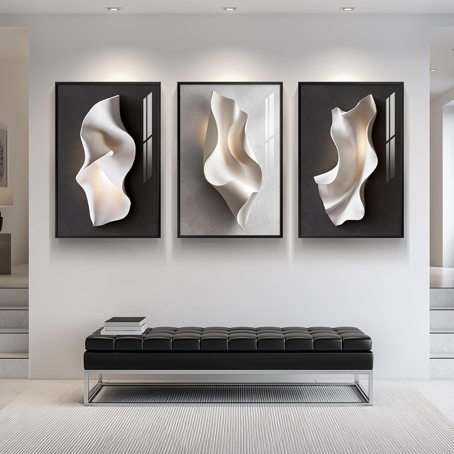 Framed Abstract Black and White Wall Art for Living Room, Large 3 Piece Modern B
