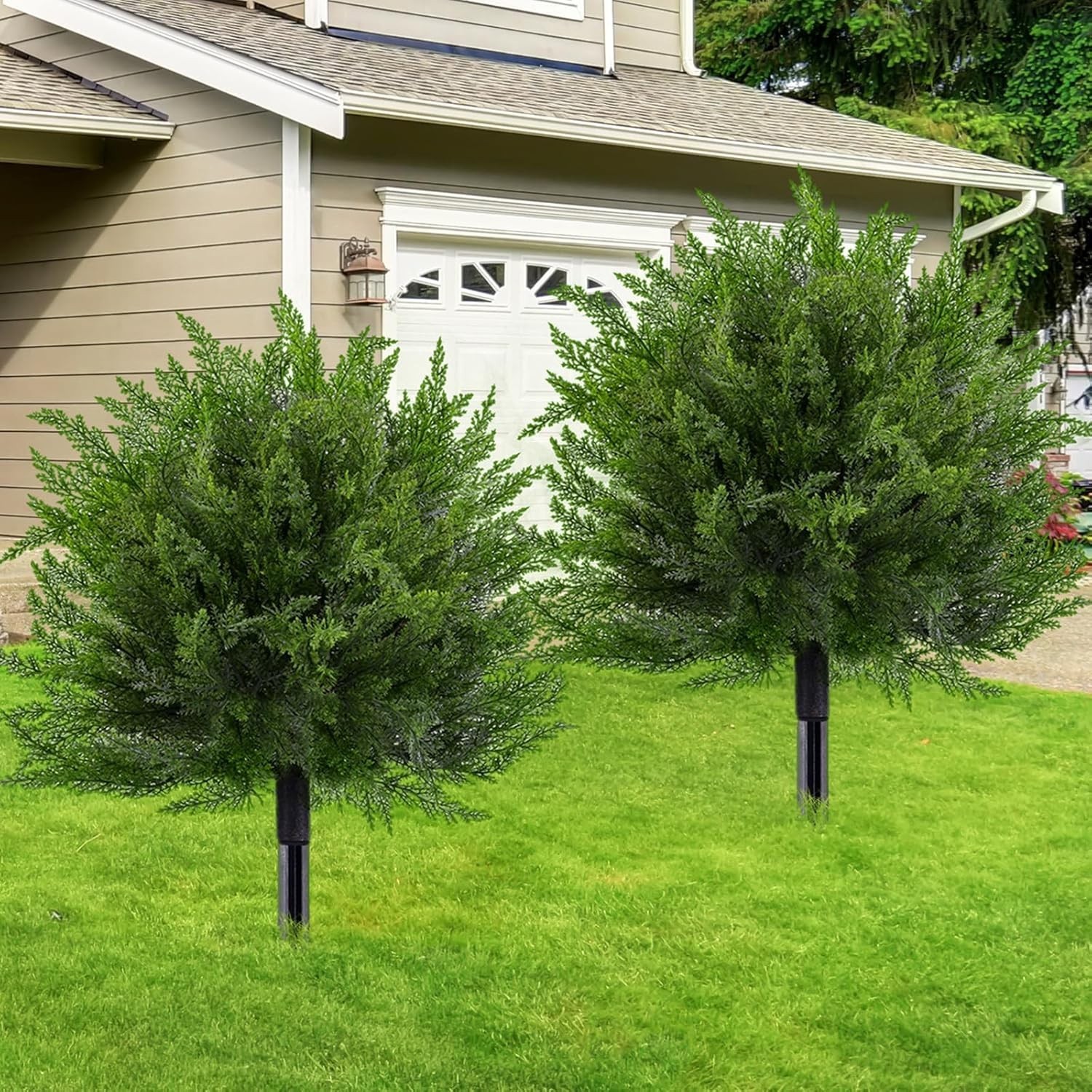 2Pcs 24″ Artificial Cedar Topiary Ball Trees Out/Indoor UV Resistant Faux Plants