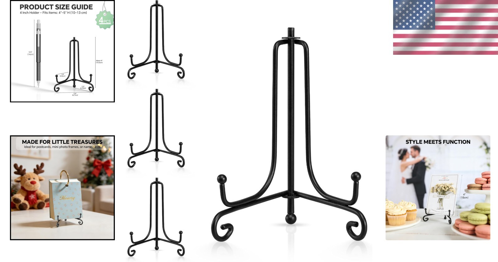 Adjustable Black Iron Plate Display Stands for Pictures and Collectibles 4 Pack