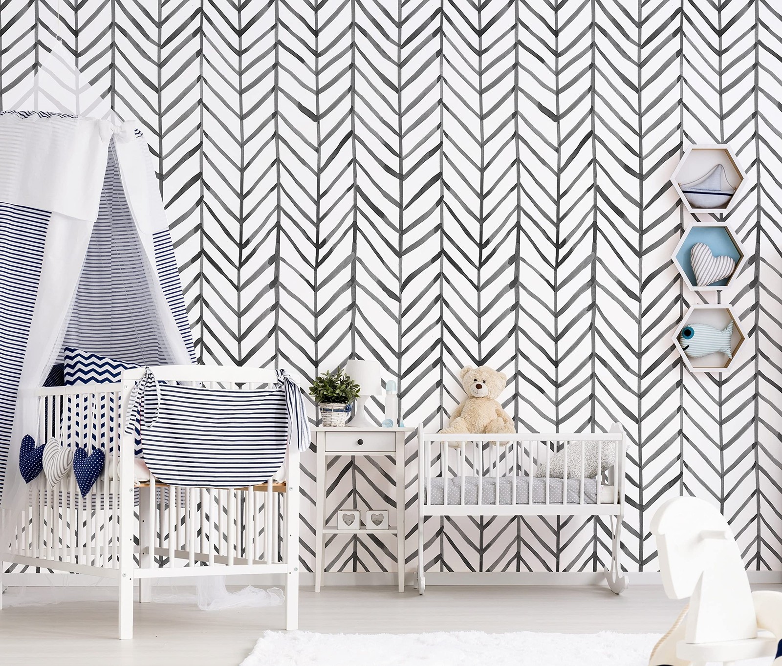 HAOKHOME Black and White Wallpaper Peel and Stick Stripe Herringbone Geometri…