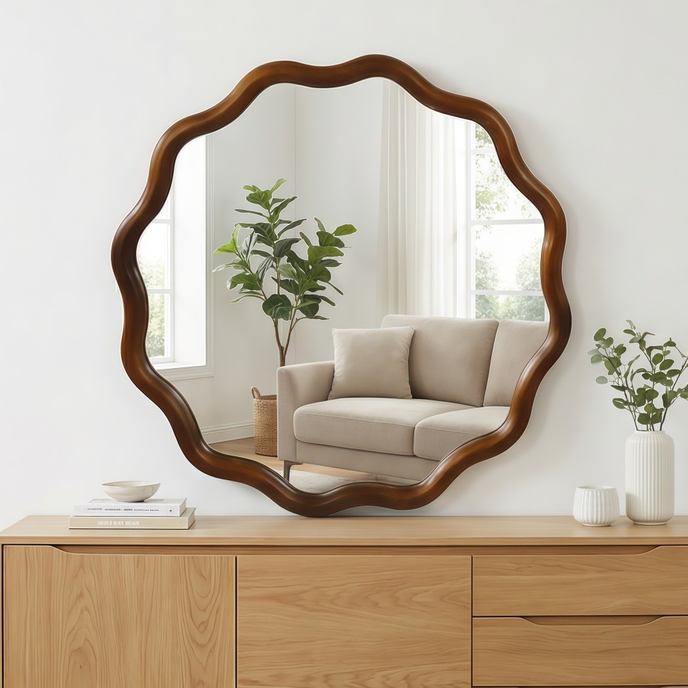 30in Wavy Round Mirror Wood Frame Mid-Century Modern Mirror For Bedroom Bathroom
