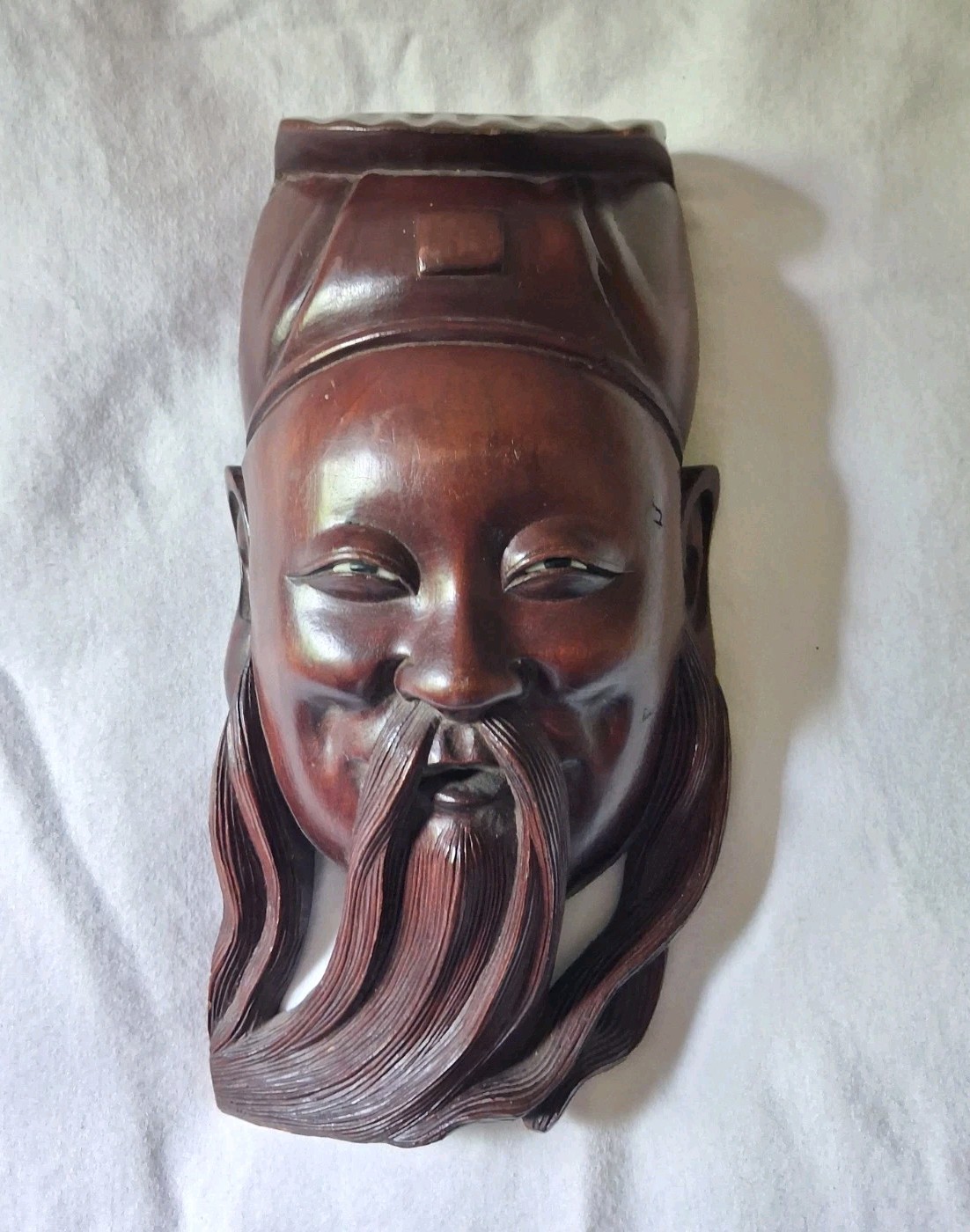 Vintage Chinese Carved Rosewood Mask Inlay Eyes Taoist Deity MCM Wall Art
