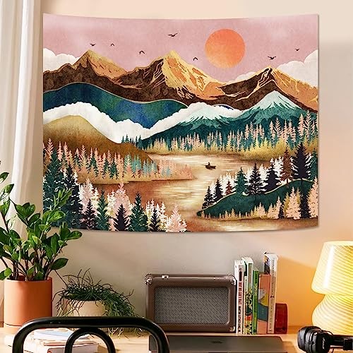 Mountain Tapestry Nature Forest Tree Tapestries for Bedroom 48″L x 36″W Orange