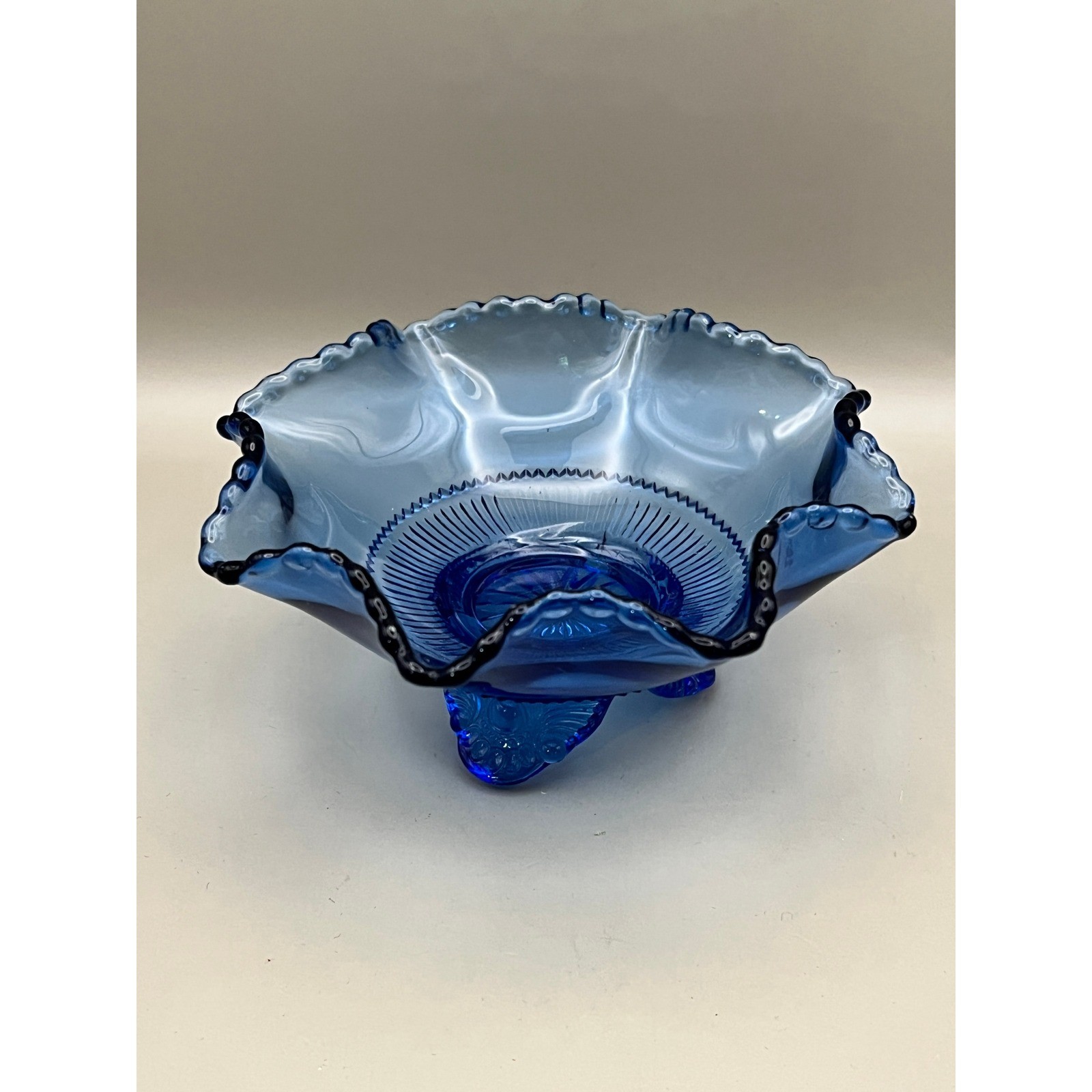Vtg Cobalt Blue Glass Ruffled Footed Bowl Beaded Edge Candy Nut Dish 5.25″ Decor