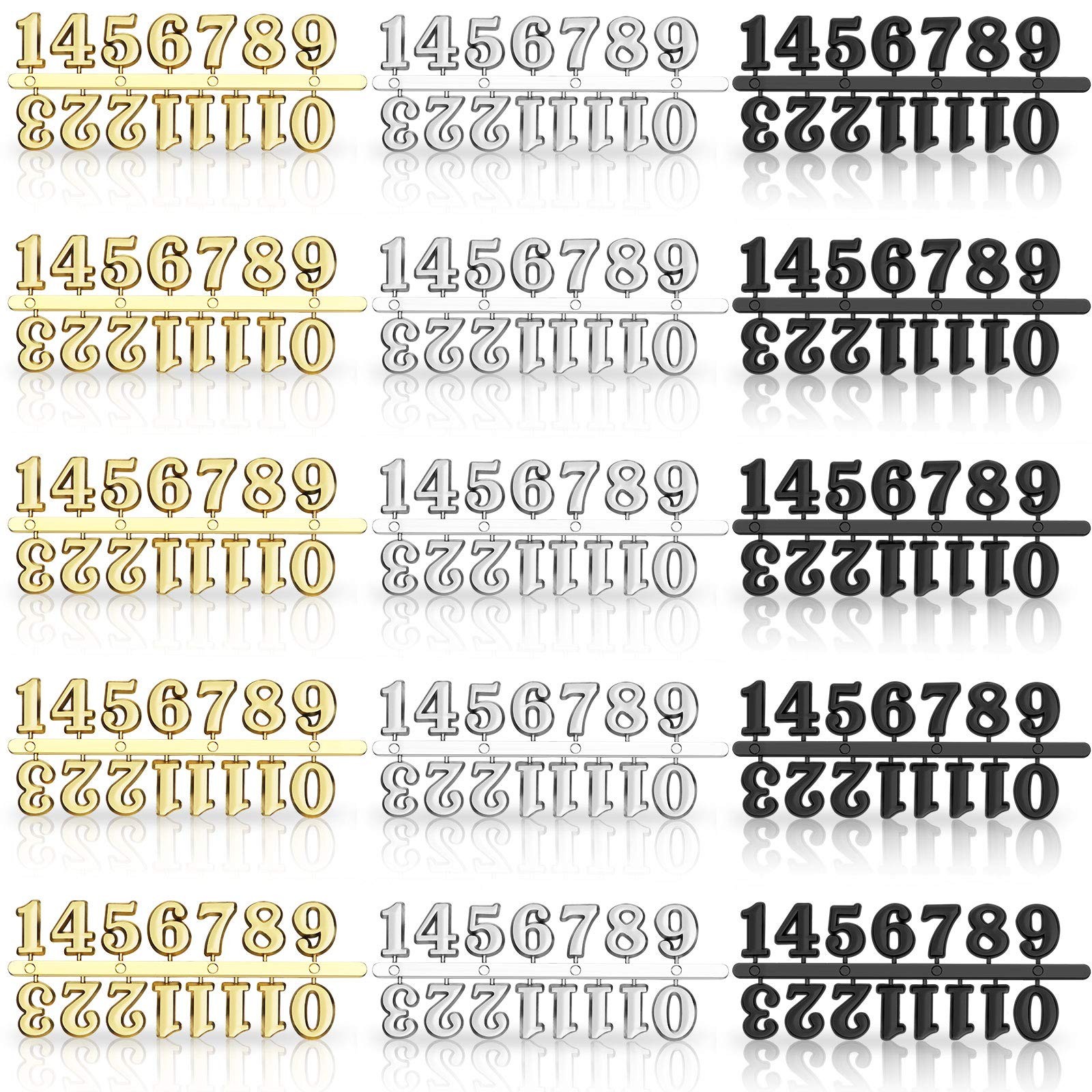 15 Pieces Clock Numerals Kit in Black Silver Gold DIY Digital Multicolor