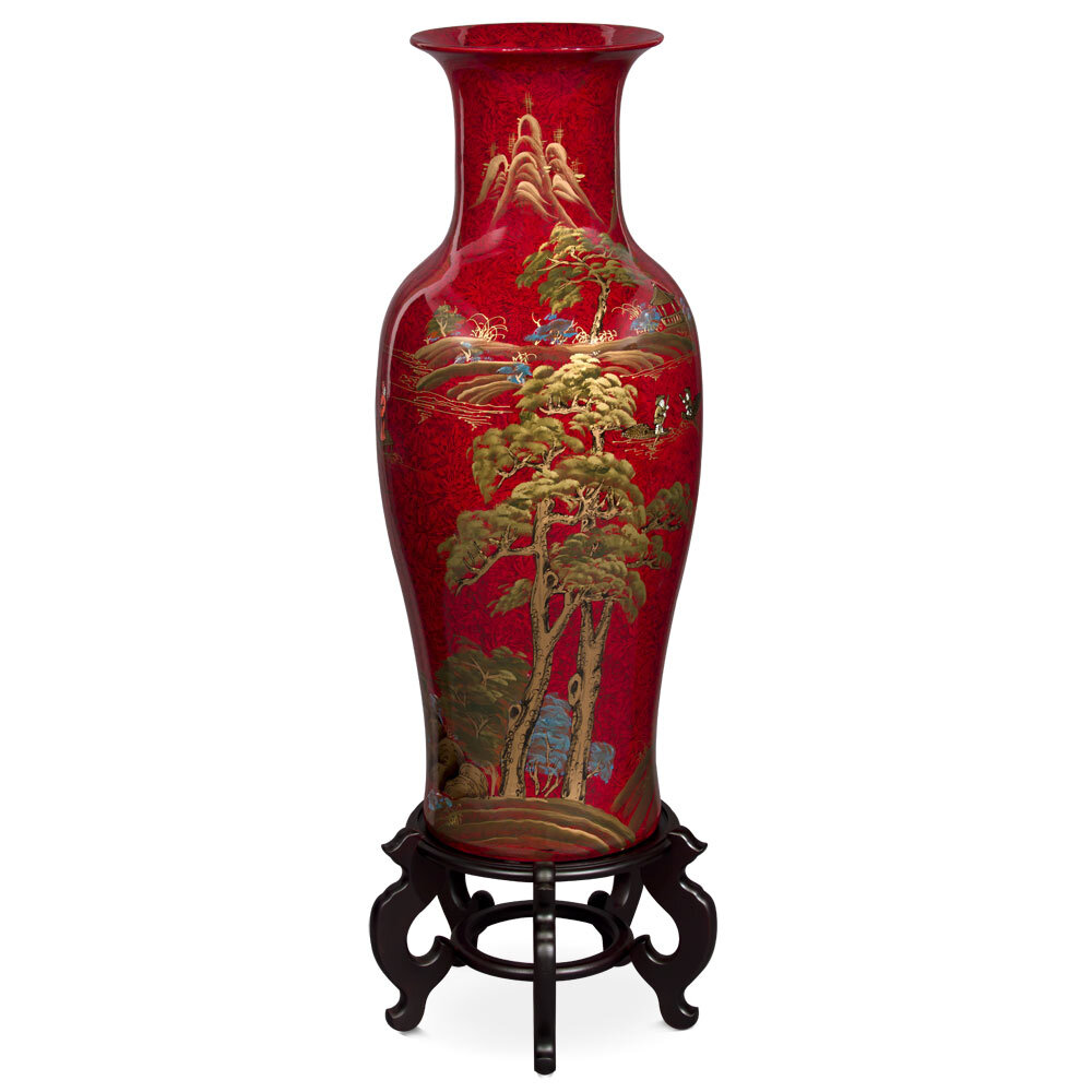 US Seller – 36in Red Lacquer Chinoiserie Scenery Motif Chinese Porcelain Vase