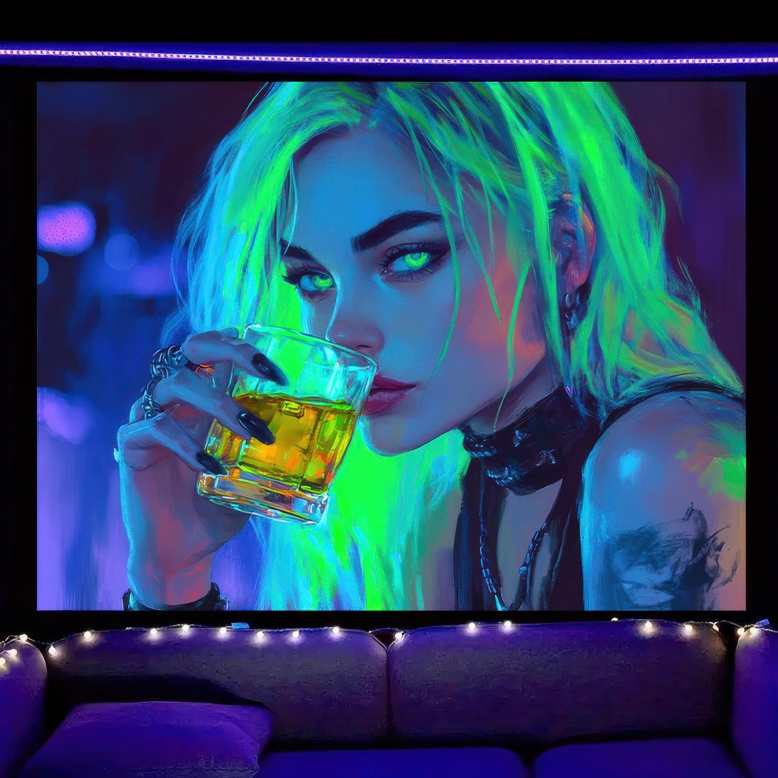 Tapestry 78×59 Inch Neon Drinking Girl Fluorescent Tapestry Sexy Lady Glow In…