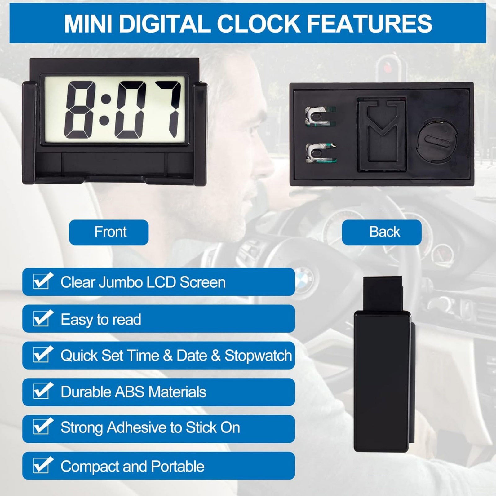 3PC Portable Mini Digital Clock Small Adhesive Stick On Battery Operated LCD New