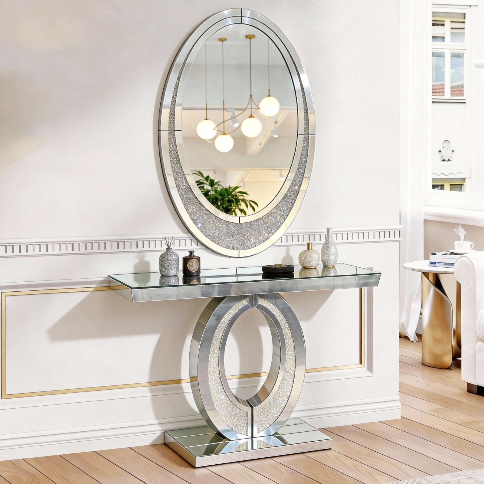 Oval Wall Mirror Crushed Diamond Inlay Sparkly Silver FramelessCrystal Accent