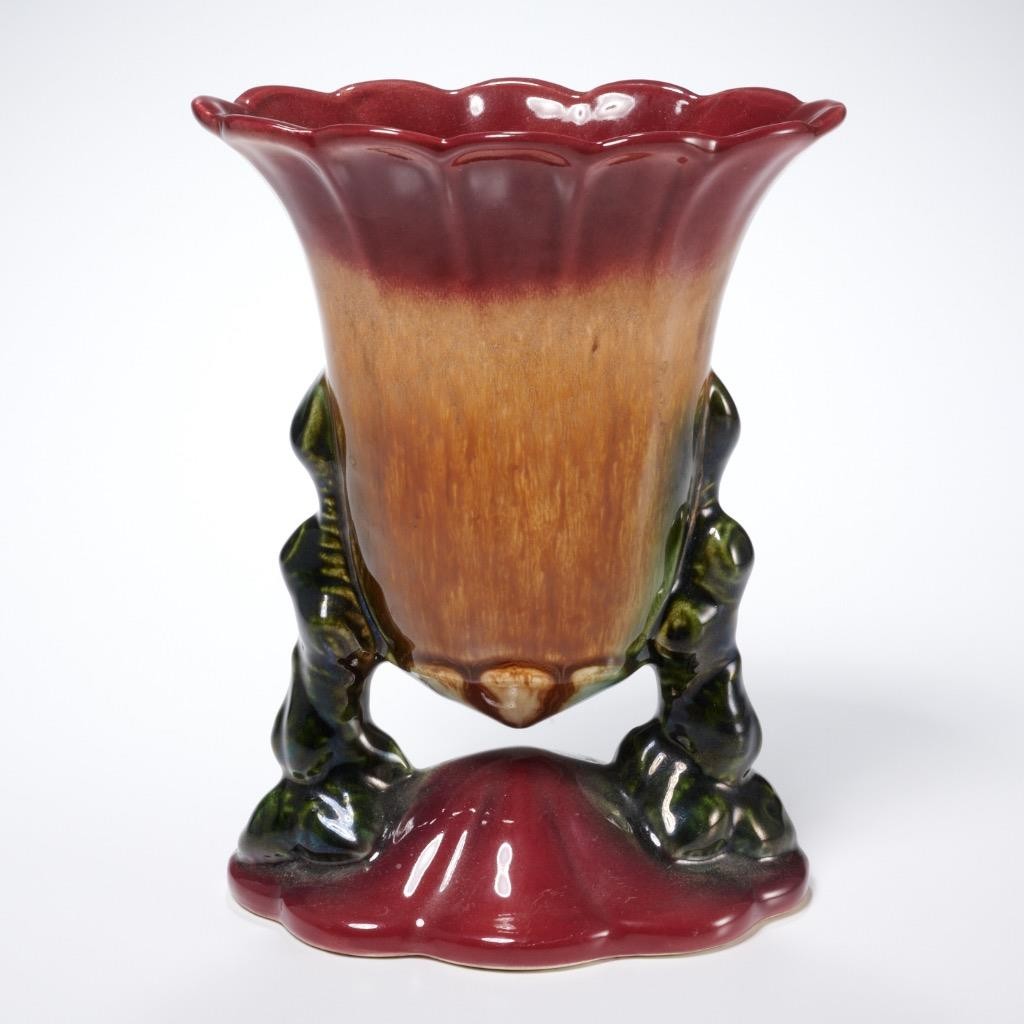 Hull Pottery Woodland Suspended Maroon Dark Green Trumpet Vase 108 7.75″h