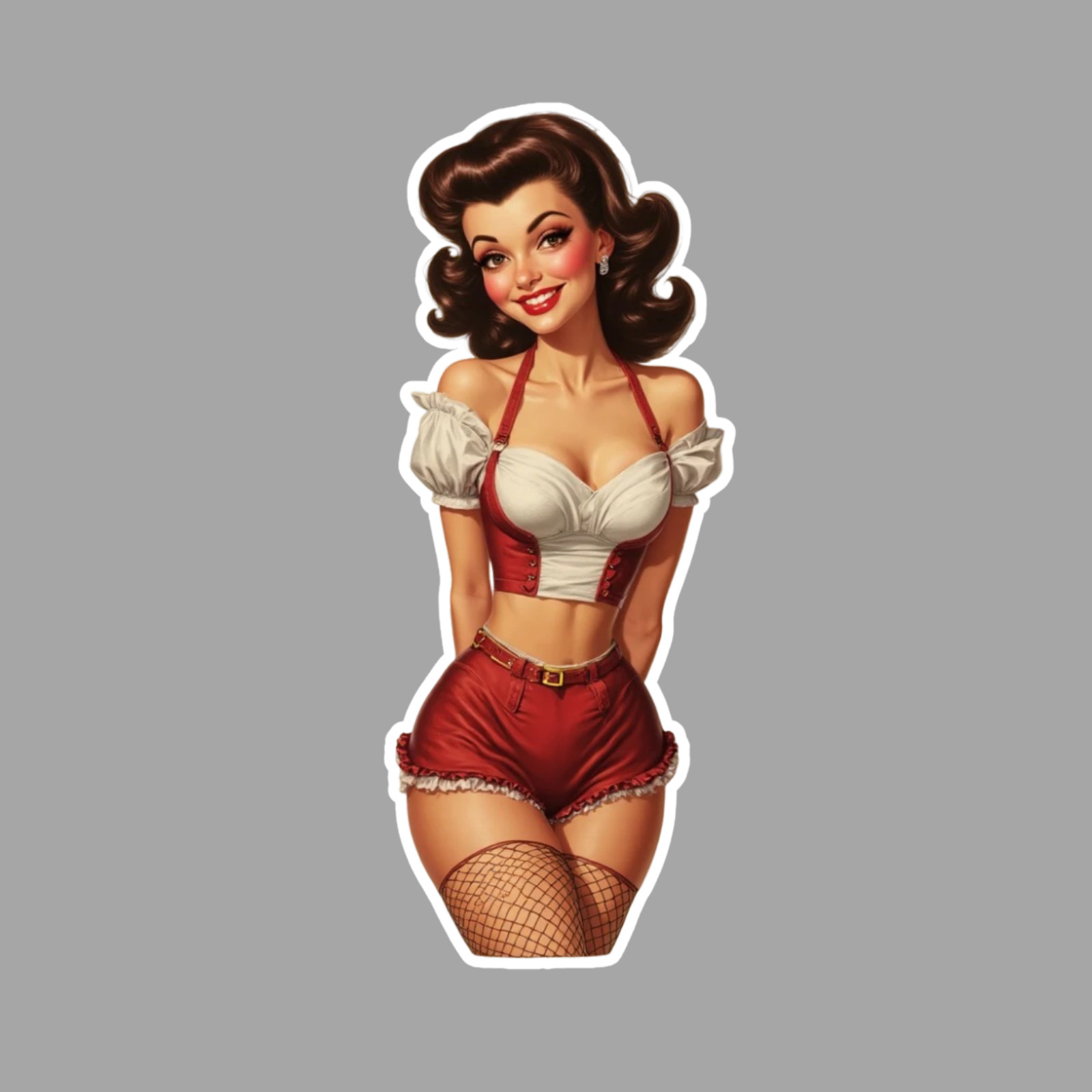 Pinup Girl Sticker Vinyl Decal Brunette Red Shorts Retro Curvy Pinup Fishnets