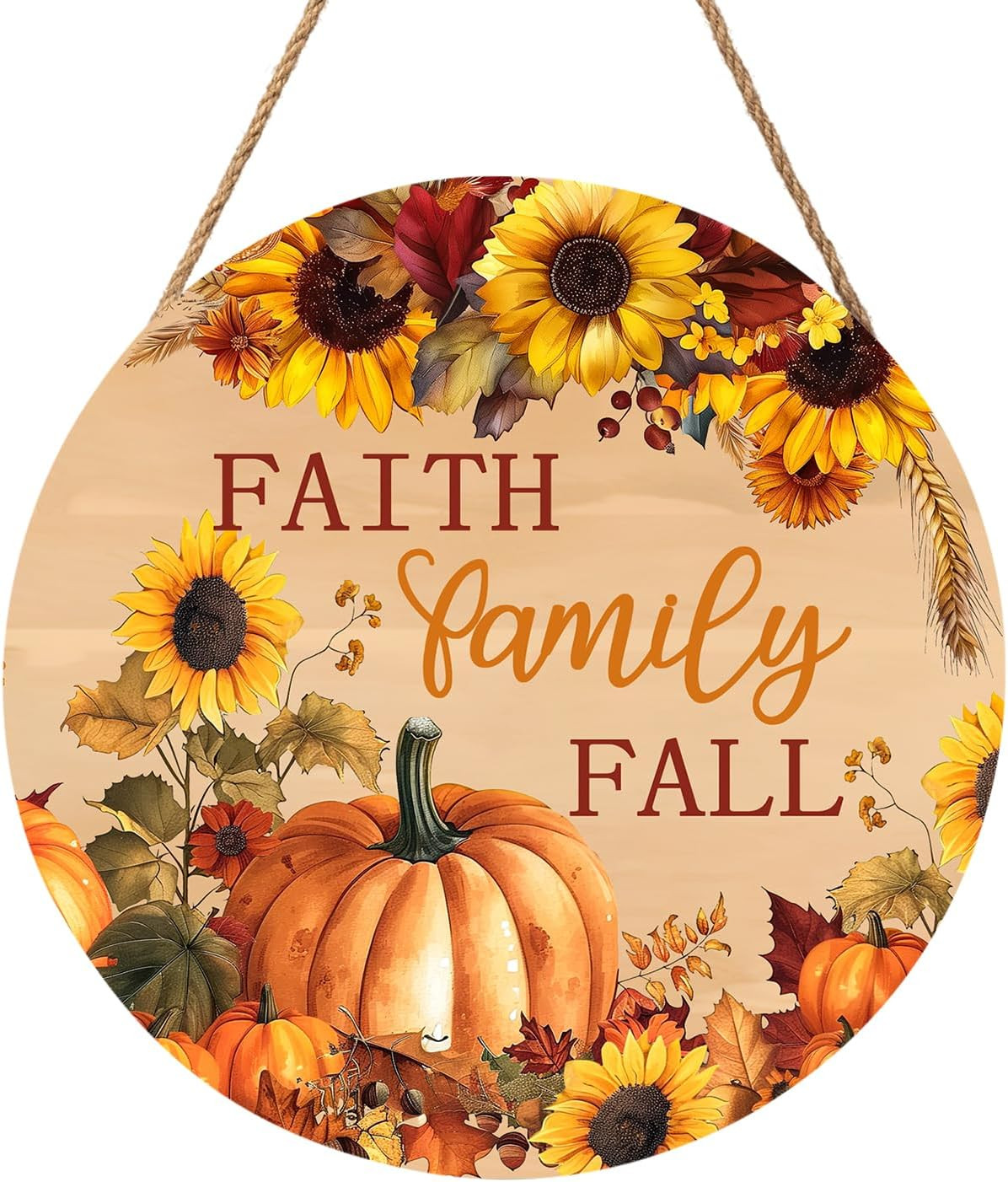 Faith Family Fall Front Door Sign Fall Sunflower Pumpkin Door Decorations Wood S