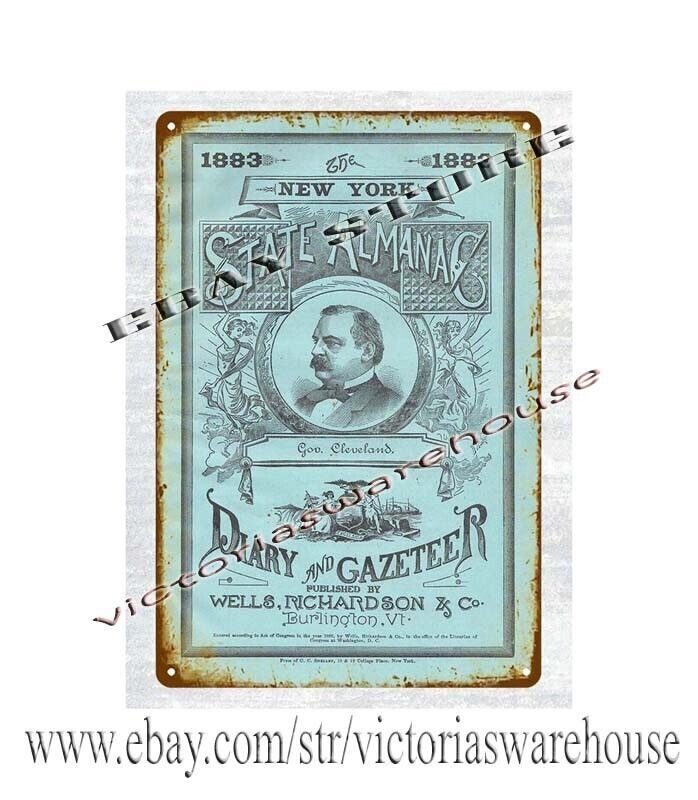 1883 New York State Almanac Diary and Gazeteer Cleveland Burlington VT tin sign