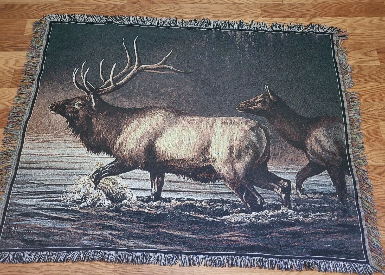 Vintage Woven Tapestry Elk In River Decorative Throw Blanket 58×42″