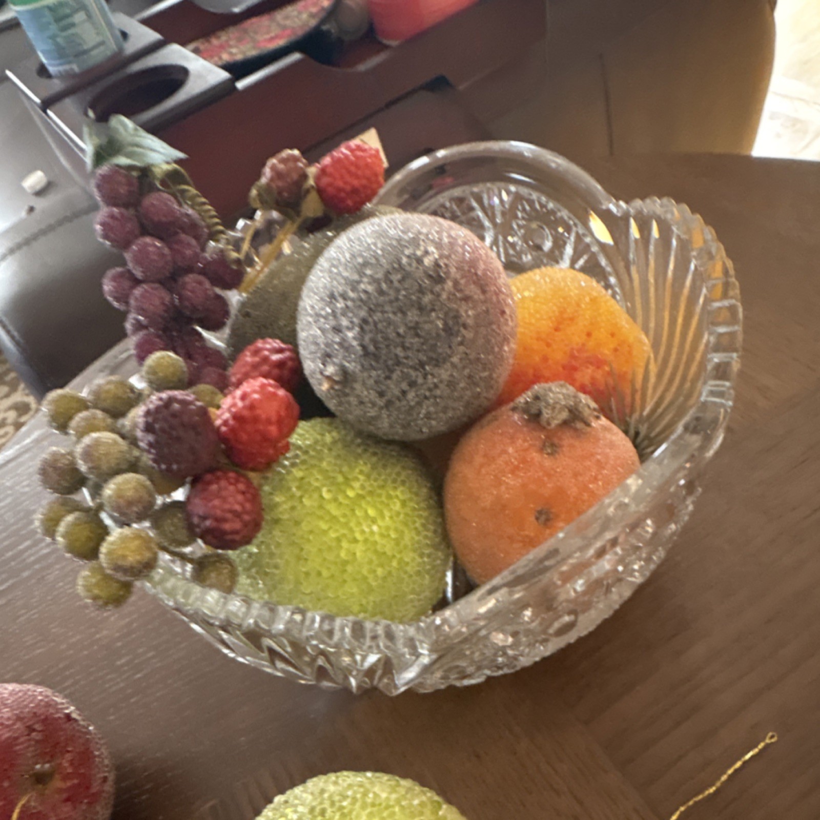 Multicolor Artificial Fruit Assortment in Crystal Glass Bowl, Home Décor