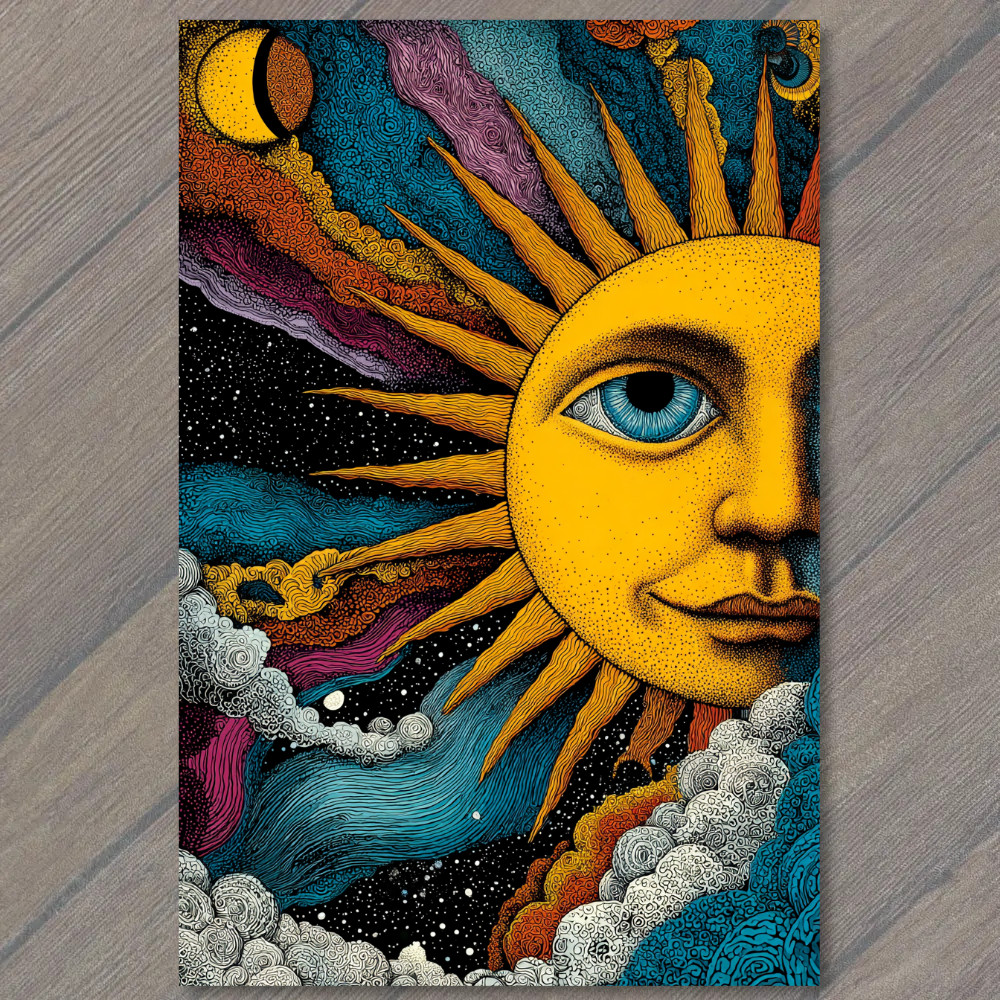 Art Print Sun Face Half Portrait Celestial Sky Swirls Moon Stars Folk Fantasy
