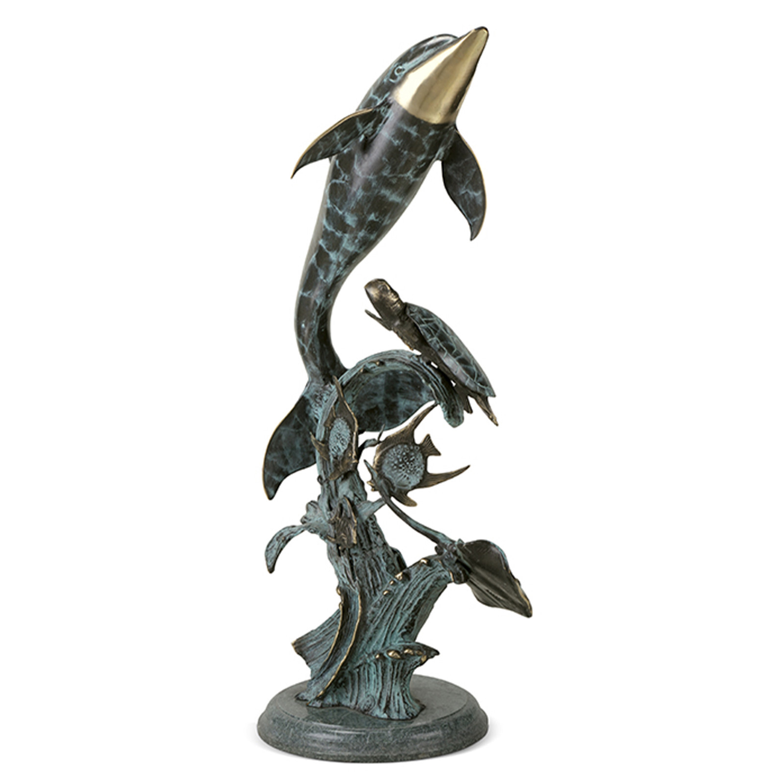 Dolphin Seaworld Sculpture Brass Marble Nautical Ocean Sealife Statue 29In H