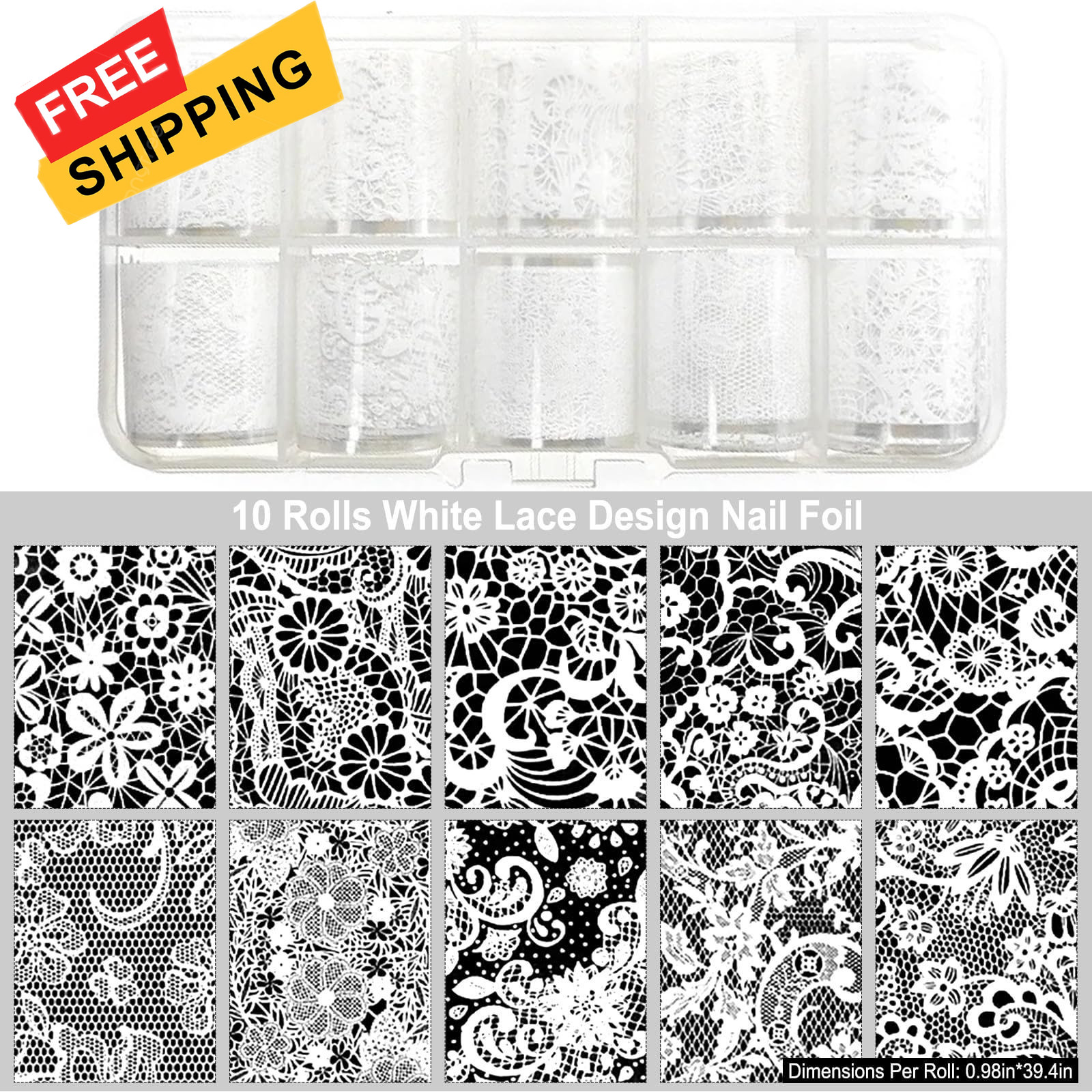 MOLILON 10 Rolls White Lace Nail Foil, 2.5*100cm / 1.0*39.37in, Style 2