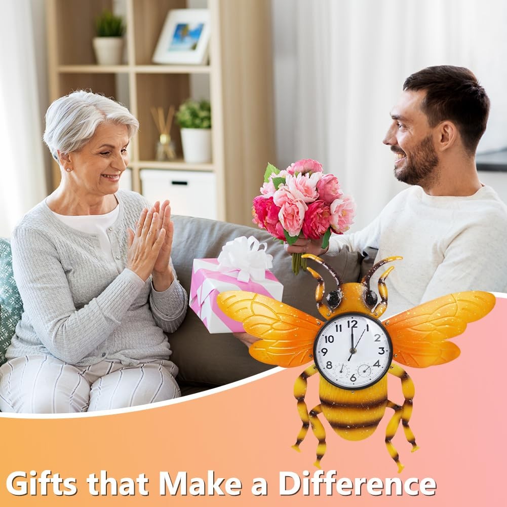 HOBYLUBY Unique Outdoor Clock Silent None-Ticking, Wall Yellow Bee