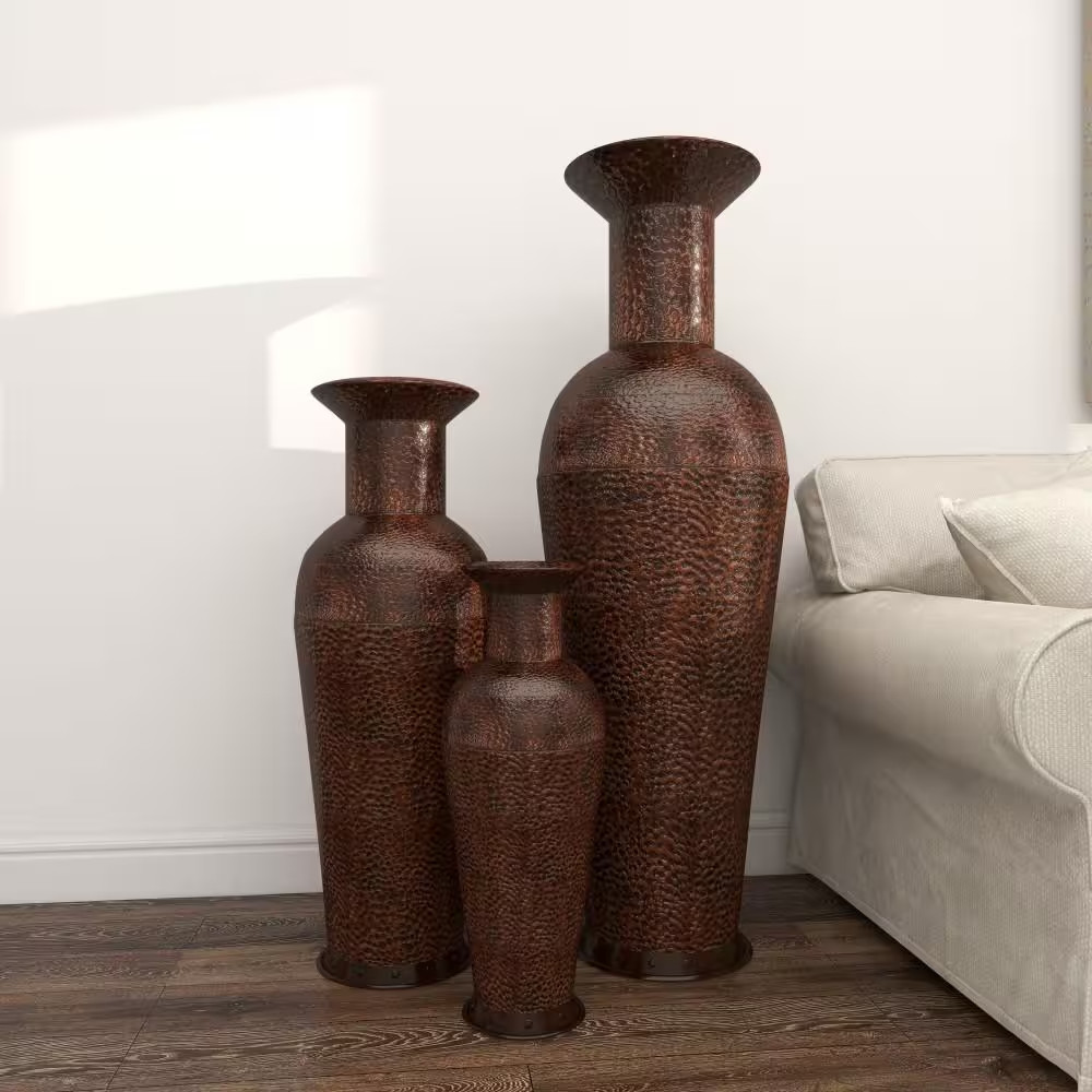 50 In., 35 In., 26 In. Brown Tall Floor Bottleneck Metal Decorative Vase with Bu