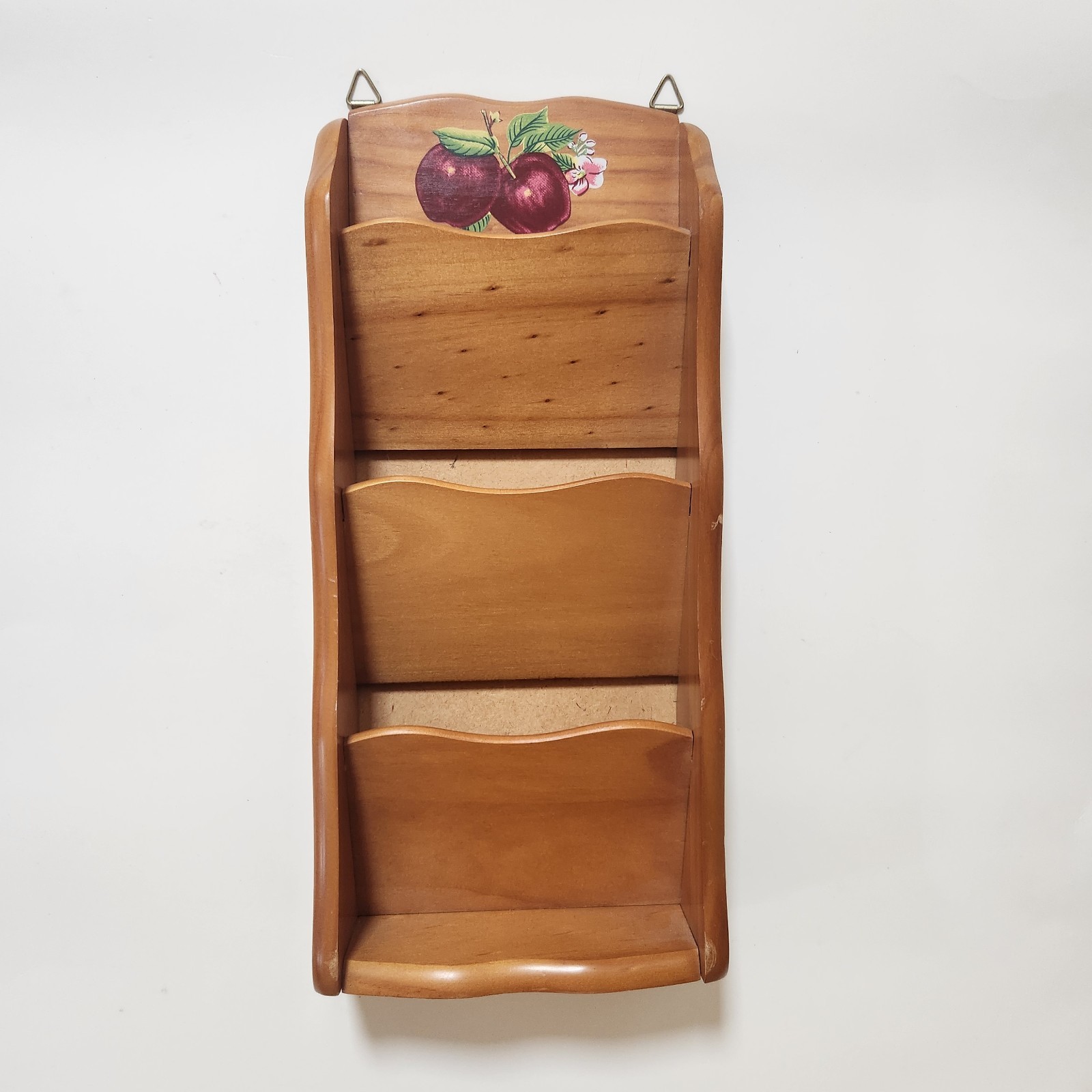 Vintage 14″x6″ Wood Wall Shelf 3 Tier Mail Letter Holder MCM Farmhouse Apple