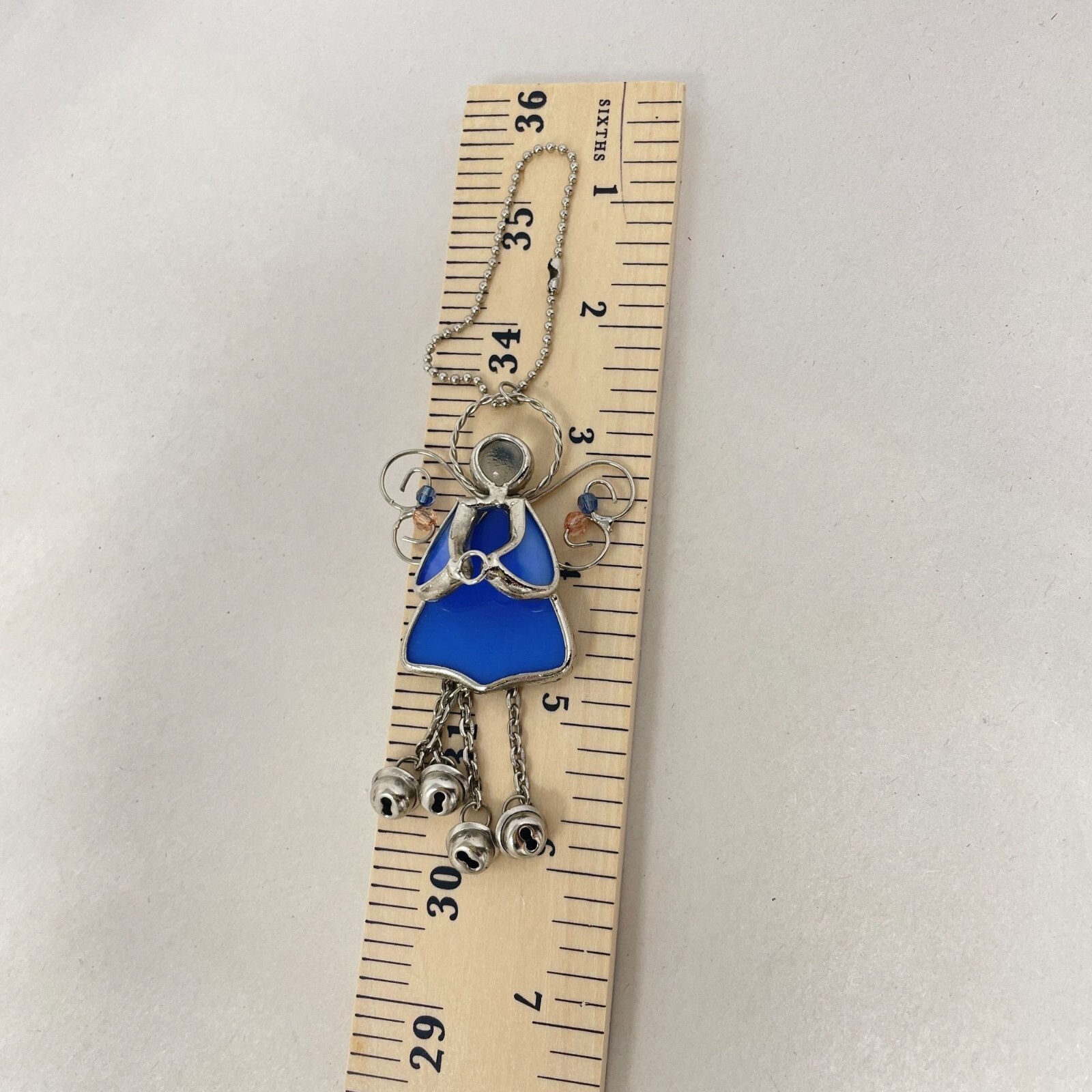 Stained Glass Guardian Angel Beaded Bells Hanging Suncatcher Ornament Vintage