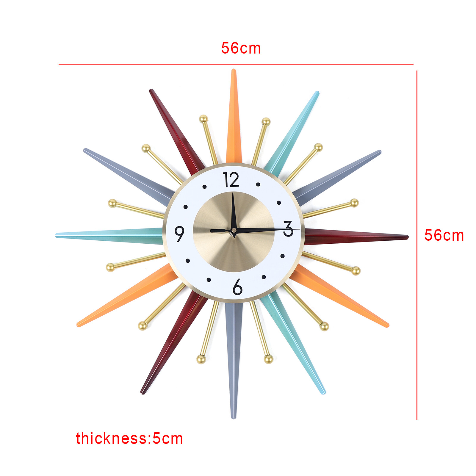 Large Wall Clock Modern Starburst Mid-Century Modern Decor Non-Ticking Battery