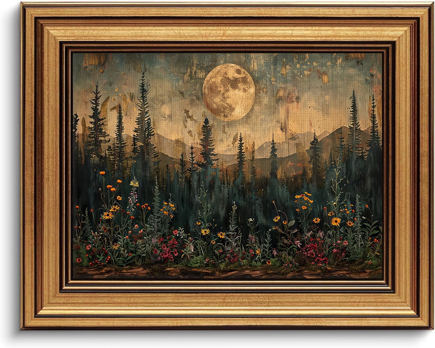 Gold Framed Vintage Forest Full Moon Wall Art, Moonlit Pine Tree Wall Decor P…
