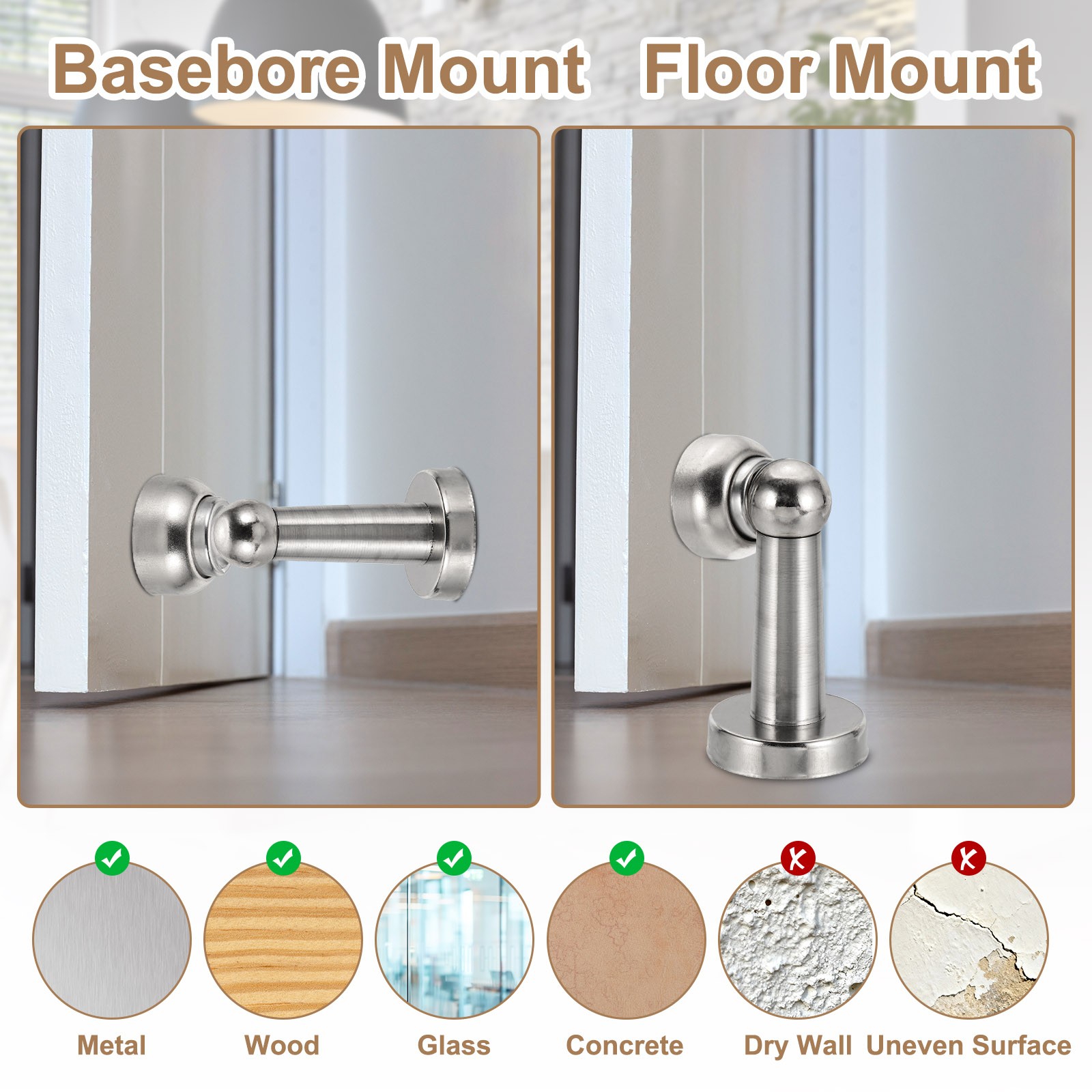 9.4″ Magnetic Door Stoppers, Wall Floor Mounted Door Catch Holder, Silver