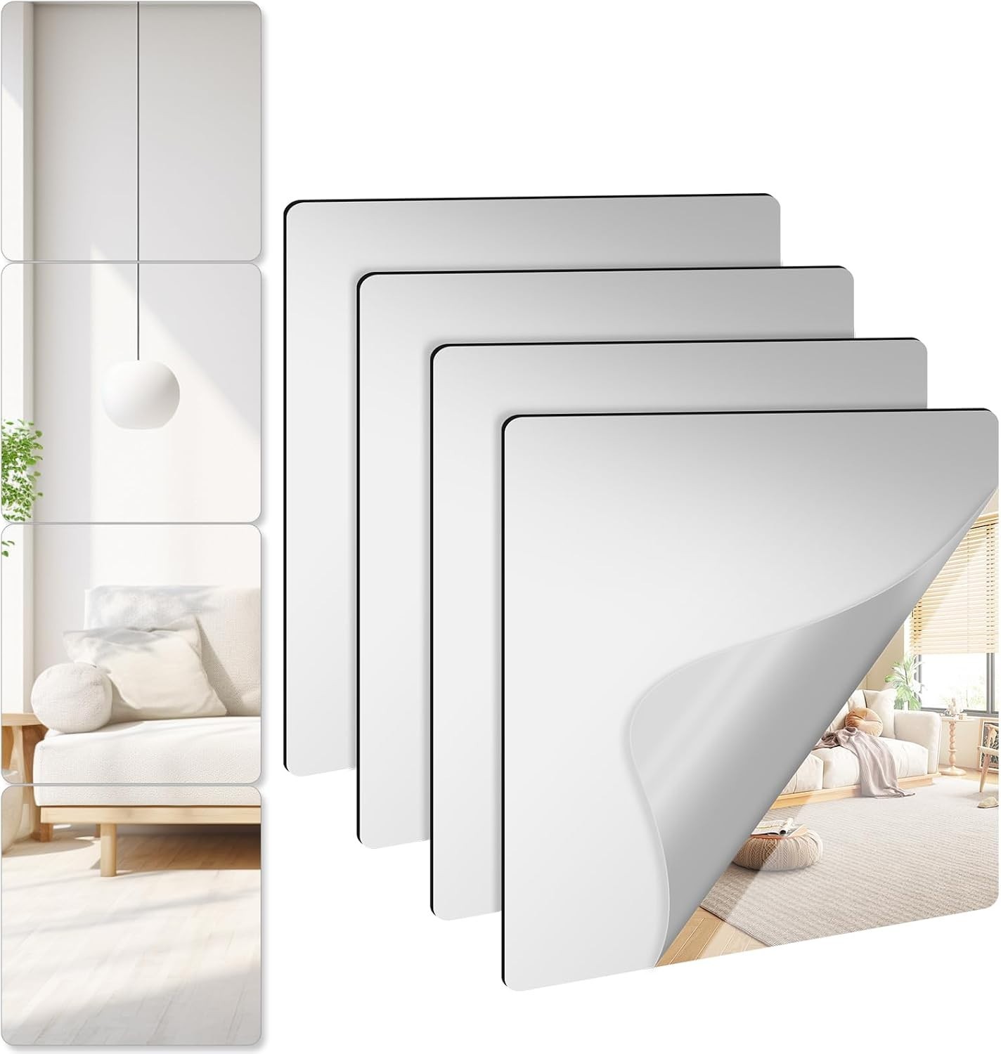 4 Pack Self Adhesive Acrylic Mirror, 8 x 8 Inch Frameless Shatterproof Stick