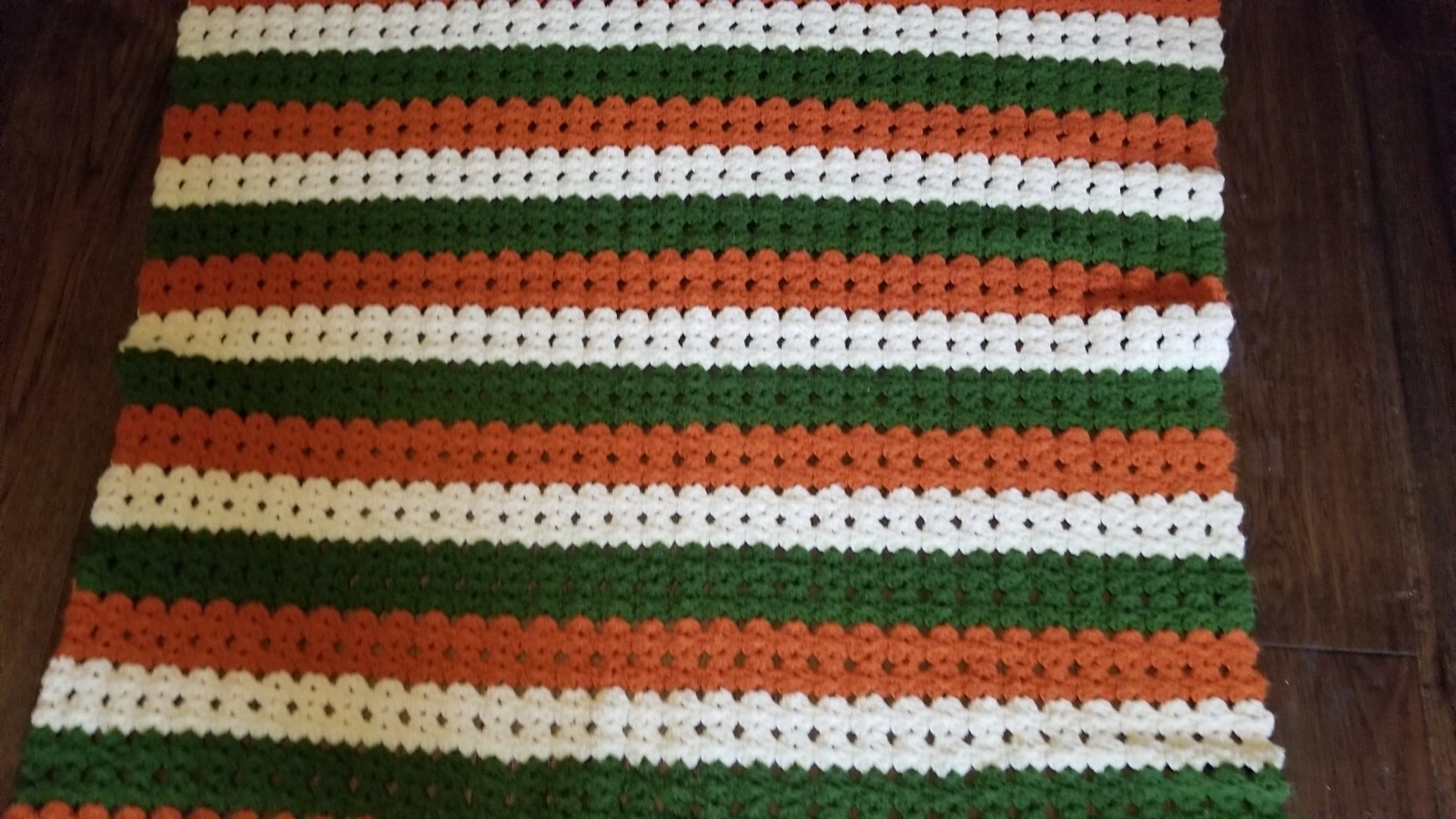 Afghan Blanket Handmade Pattern In Fall Colors Orange Green White 42″ x 68″