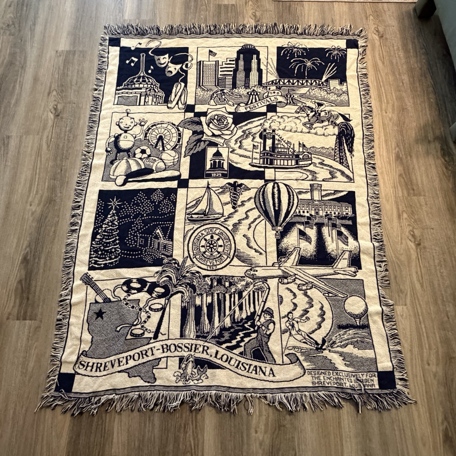 Shreveport – Bossier Louisiana VTG Fringed Tapestry Wall Blanket 48 X 62