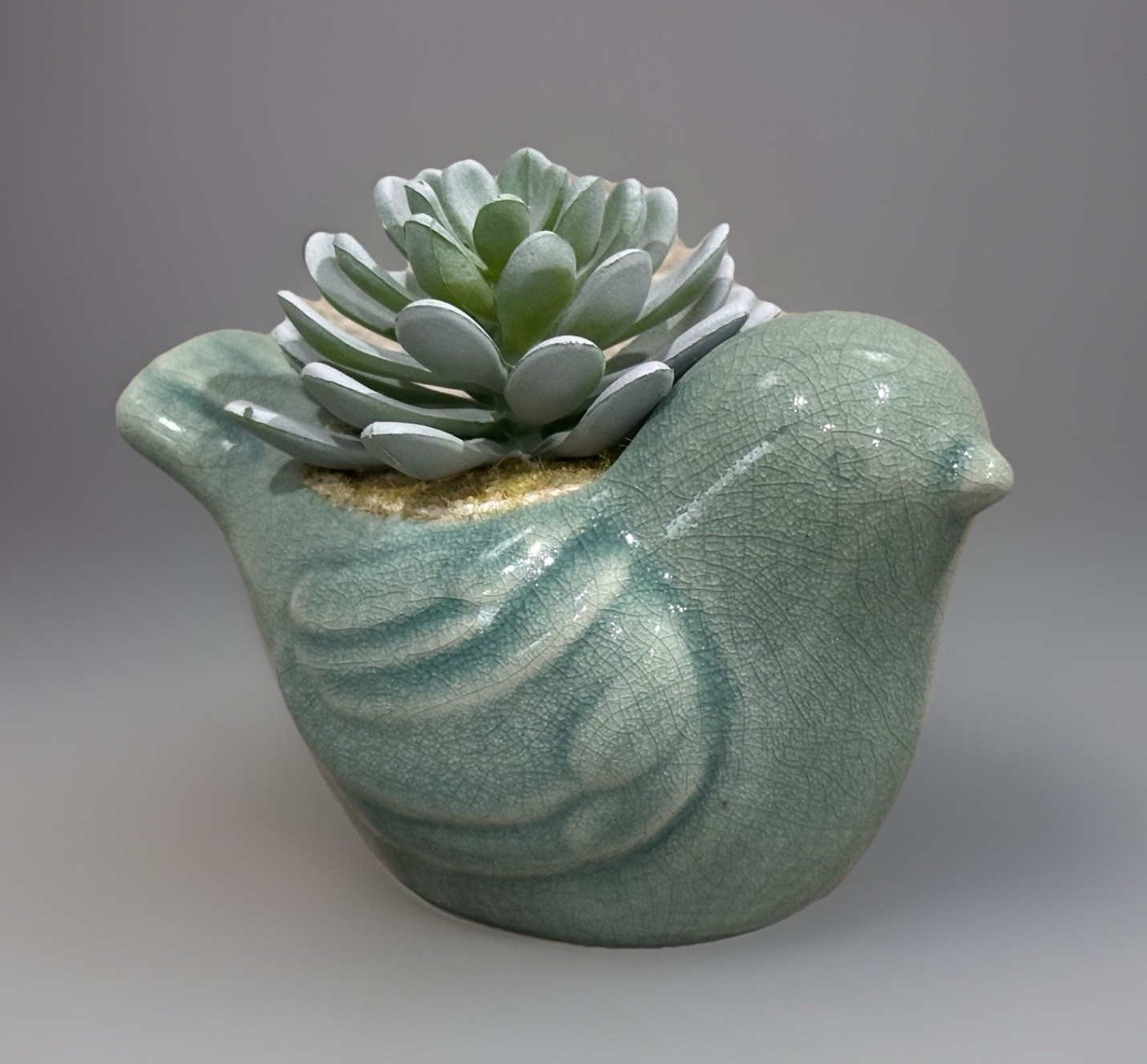 Ceramic Bird Figurine Succulent Planter With Faux Plant & Crackle Glaze Finish
