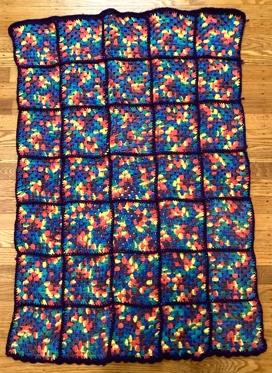 Handmade Crochet Squares Blanket – Colorful with Purple Trim – 28 in x 42 in