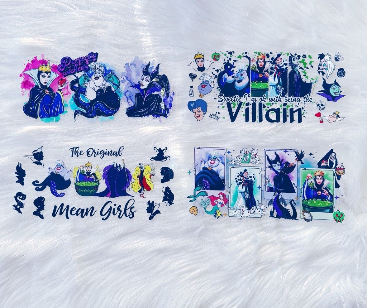 Disney Villians Uv DTF Cup Wraps for 16oz Glass Cups, 4 Sheets Transfers Variety