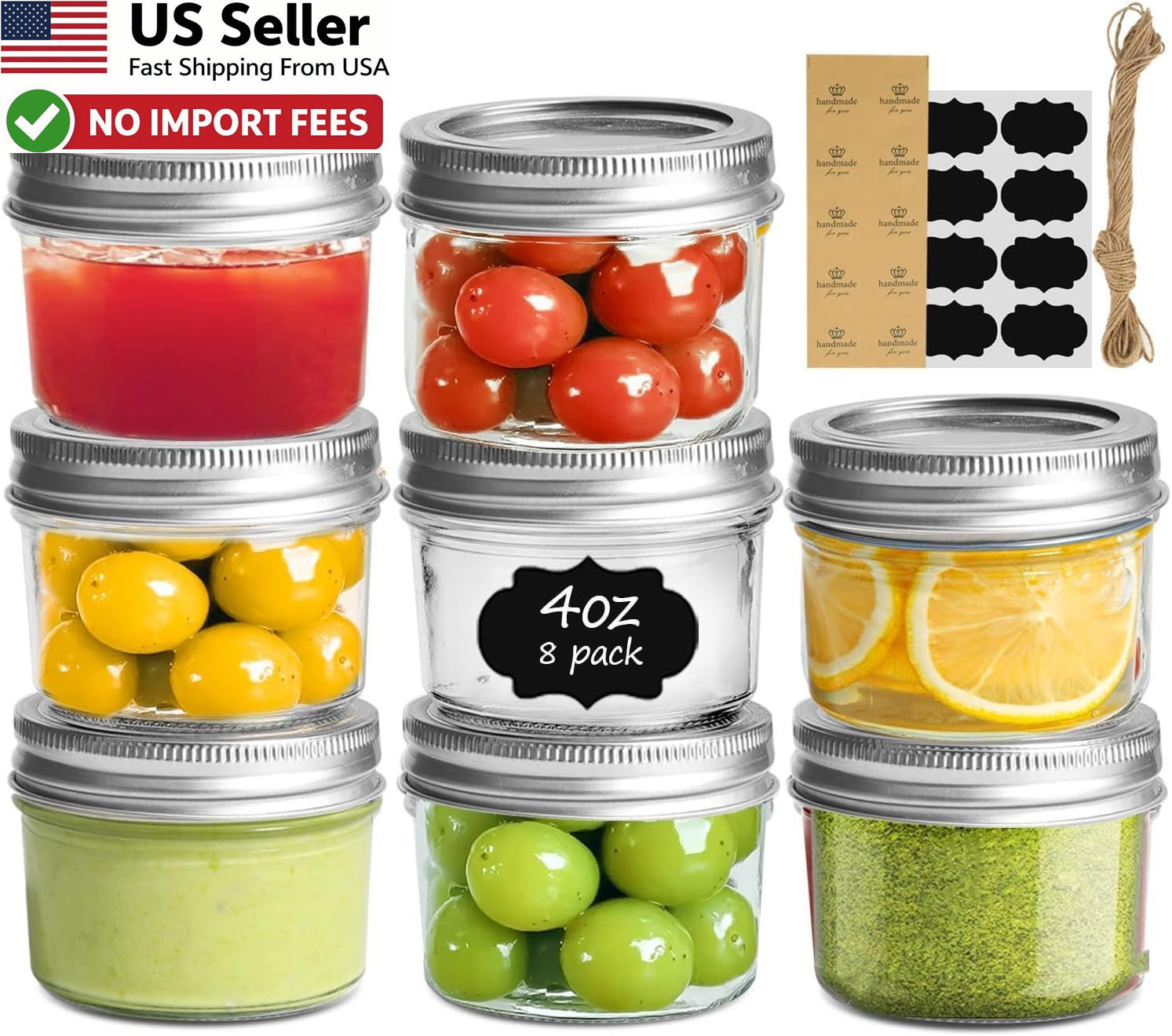 ComSaf Mini Mason Jars 4oz 8 Pack Regular Mouth Small Glass Canning Jar FROM USA