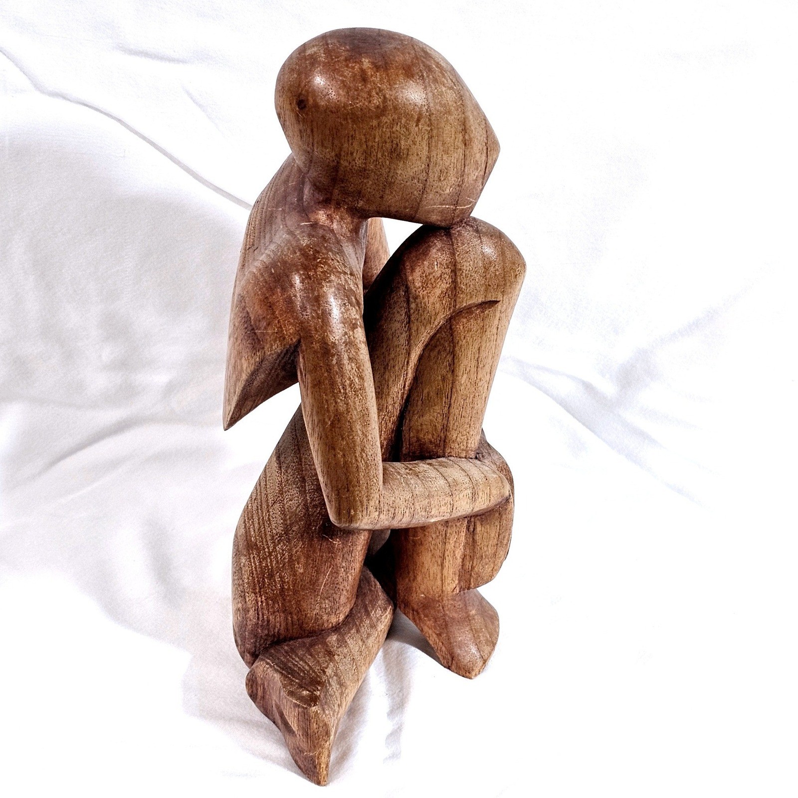 Modernist Solid Wood Thinker Sculpture Hand Carved Seated Human Figure 12″ EUC