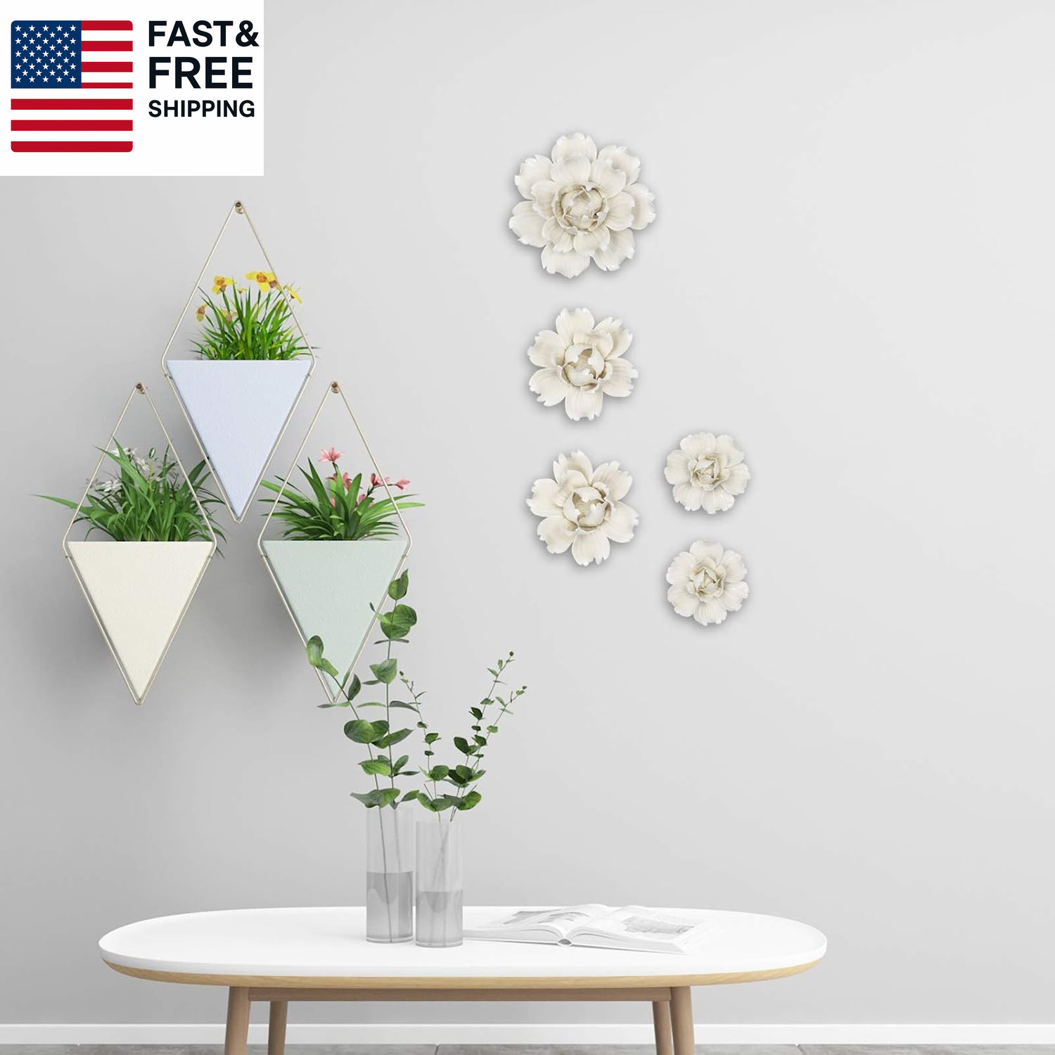 5 Pcs Ceramic Flower Wall Decor Handcrafted 3D Hanging Porcelain Flowers Wall Ar