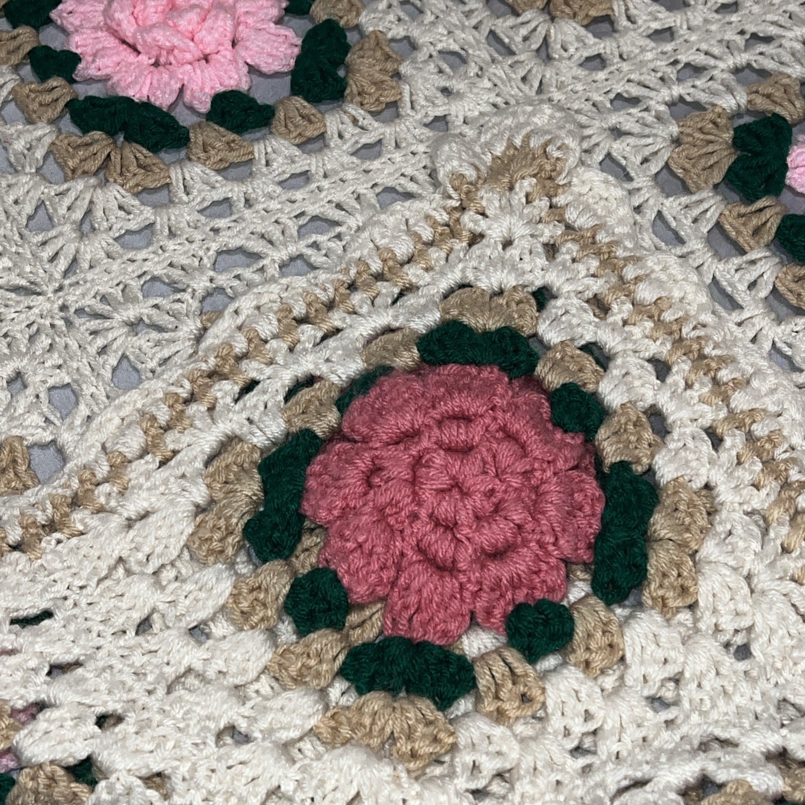 Crochet 3D Rose Afghan Throw Pink Floral Granny Square 57” x 36”