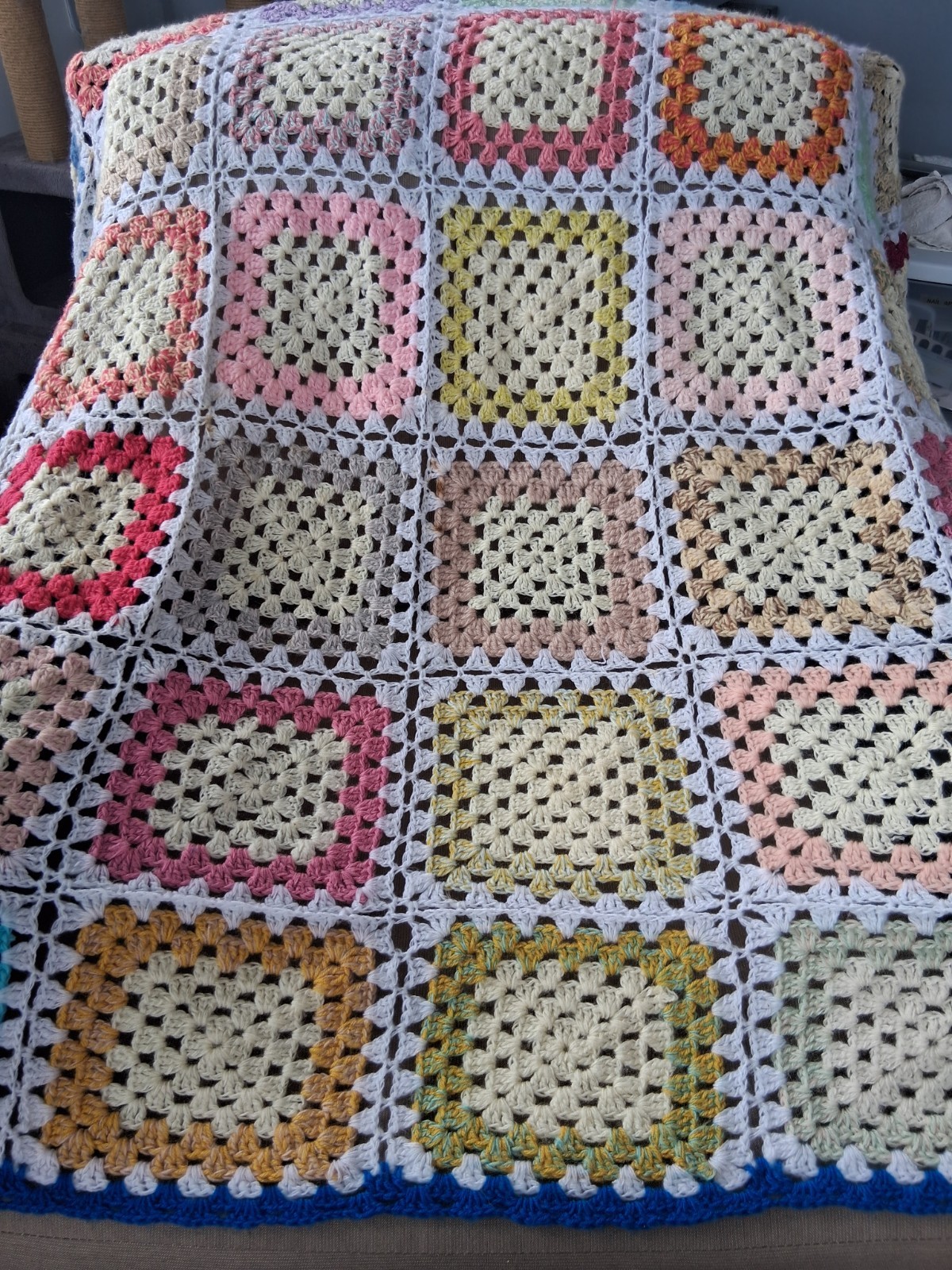 Vintage Granny Square Crochet Afghan;Large 74×90 Light-Medium weight Cottagecore