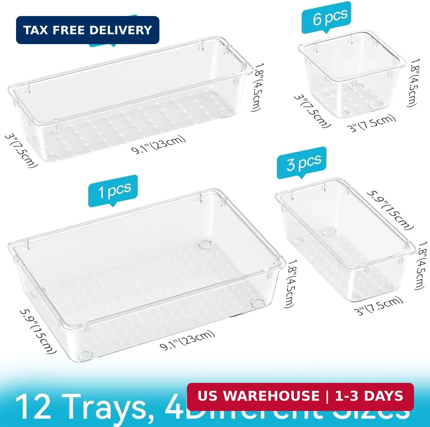 12PCS Drawer Organizer Set Clear Storage Trays Makeup Office Bathroom