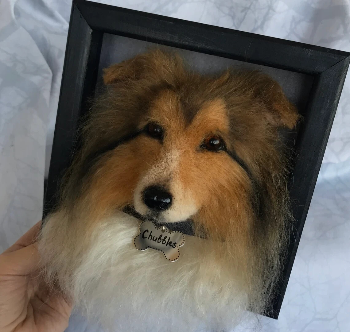 Custom Dog Portrait sculpture in frame Needle felted Realistic Pet replica OOAK