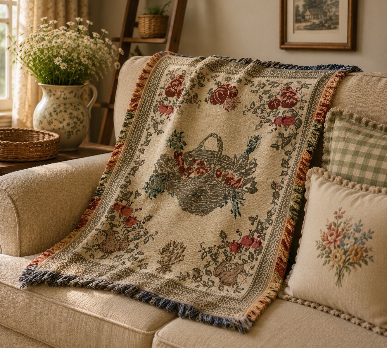 Vintage Crown Crafts Fringed Throw Blanket~Garden Harvest Basket Tapestry~44×55